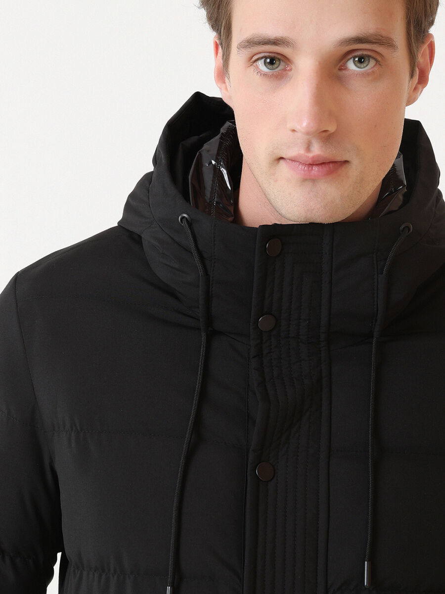 Siyah Regular Fit Kapüşonlu Casual Dokuma Mont - 3