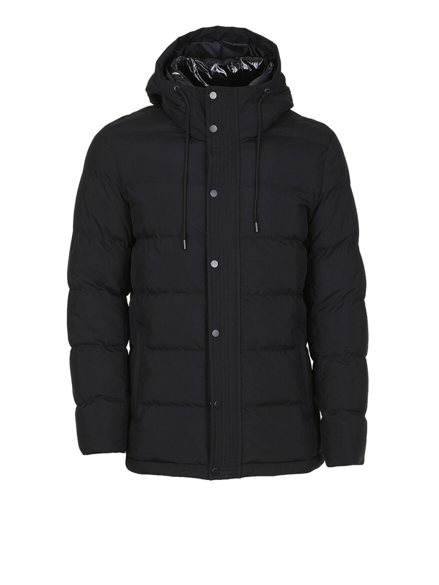 Siyah Regular Fit Kapüşonlu Casual Dokuma Mont - 6