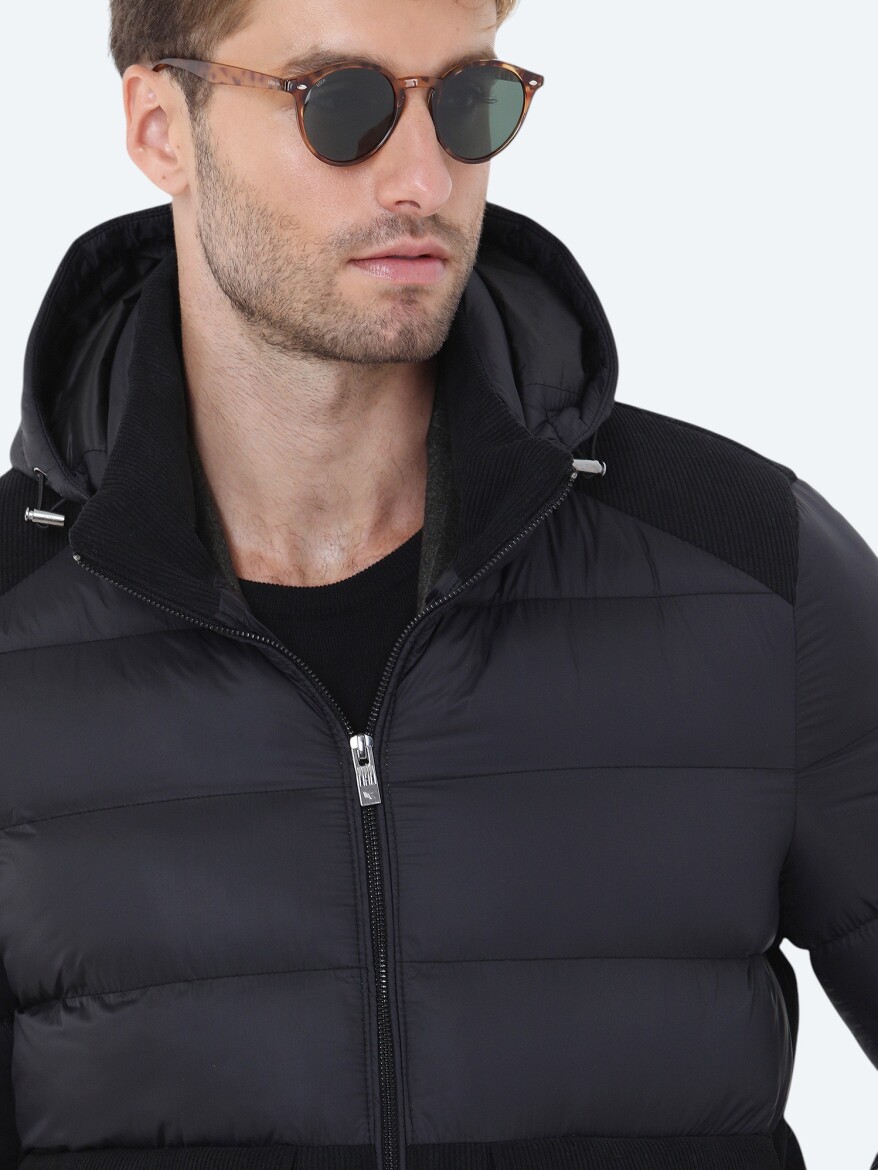 Siyah Regular Fit Kapüşonlu Casual Dokuma Mont - 4