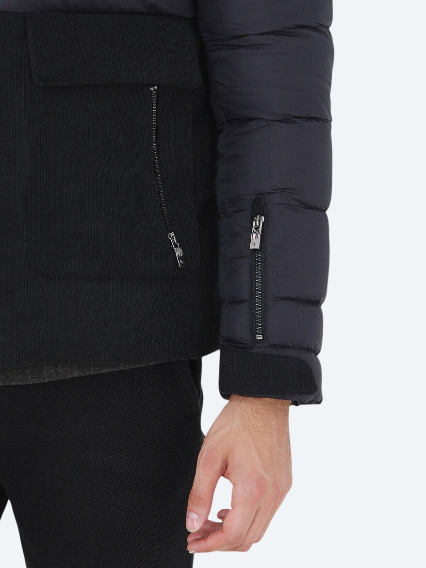 Siyah Regular Fit Kapüşonlu Casual Dokuma Mont - 5