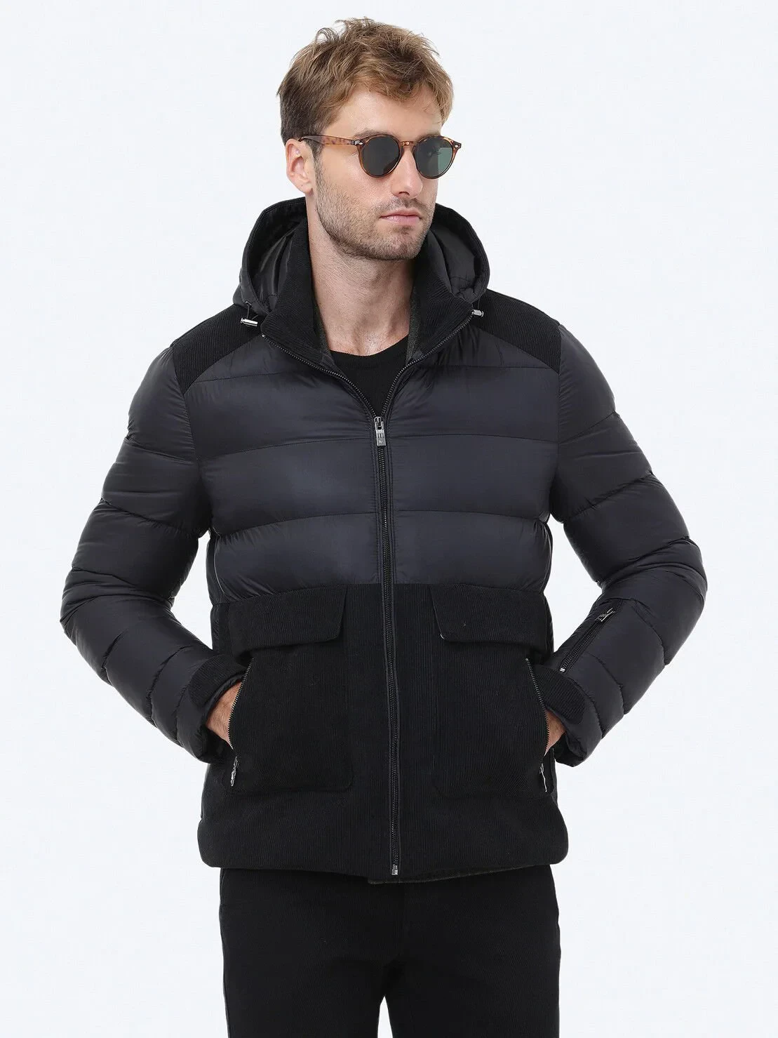 Siyah Regular Fit Kapüşonlu Casual Dokuma Mont - 1