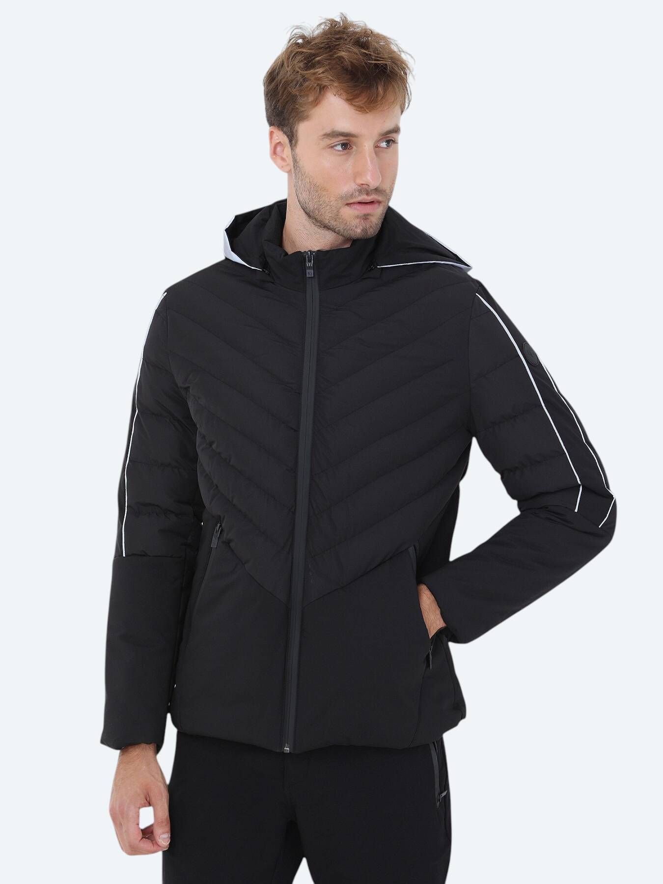 Siyah Regular Fit Kapüşonlu Casual Dokuma Mont