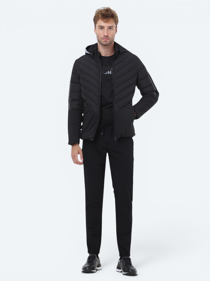 Siyah Regular Fit Kapüşonlu Casual Dokuma Mont - 2