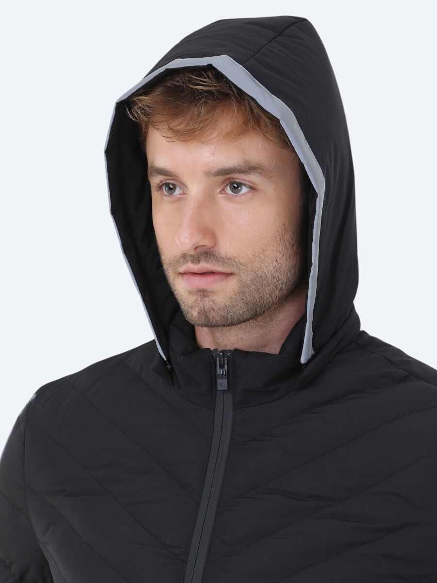 Siyah Regular Fit Kapüşonlu Casual Dokuma Mont - 3