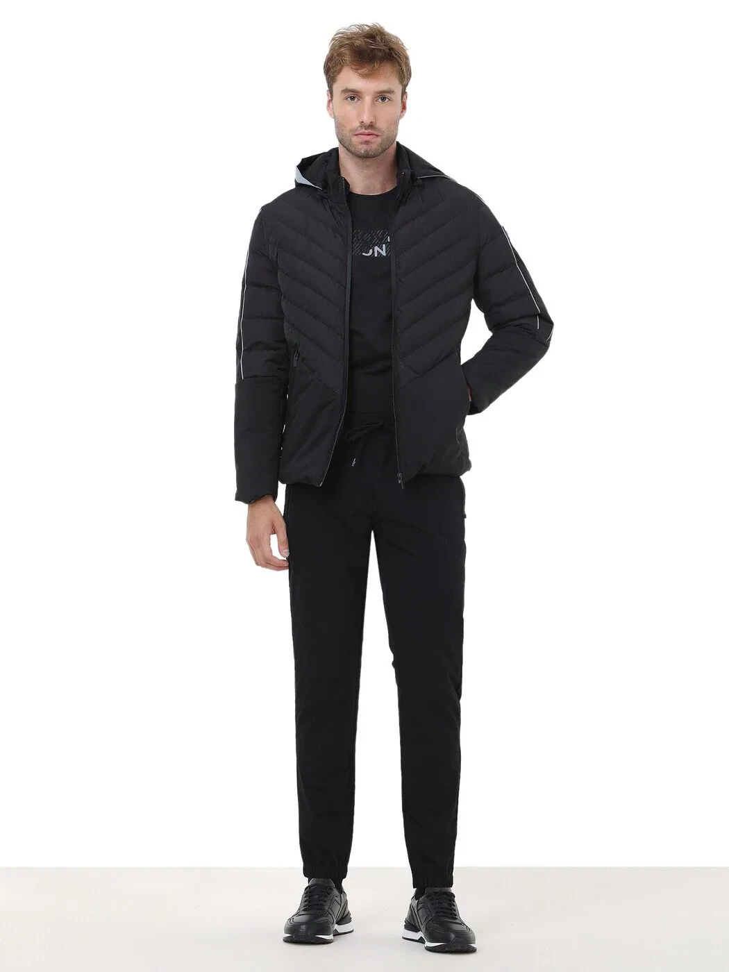 Siyah Regular Fit Kapüşonlu Casual Dokuma Mont - 2