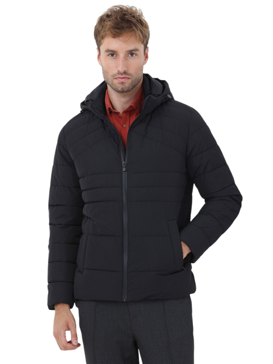 Siyah Regular Fit Kapüşonlu Casual Dokuma Mont - 1