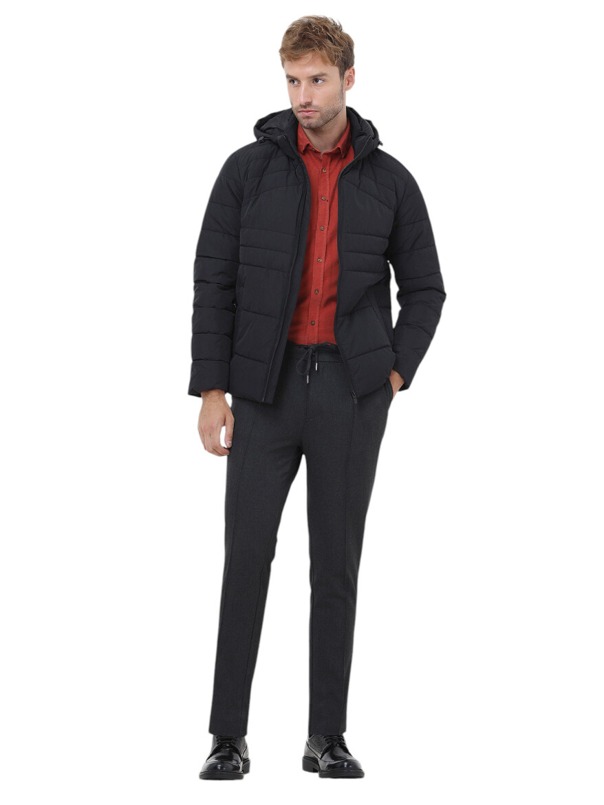 Siyah Regular Fit Kapüşonlu Casual Dokuma Mont - 2
