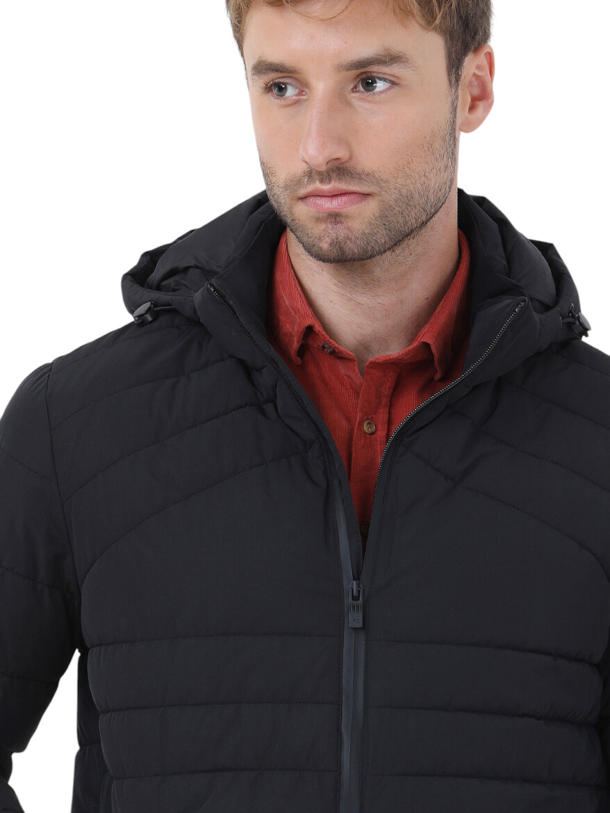 Siyah Regular Fit Kapüşonlu Casual Dokuma Mont - 3