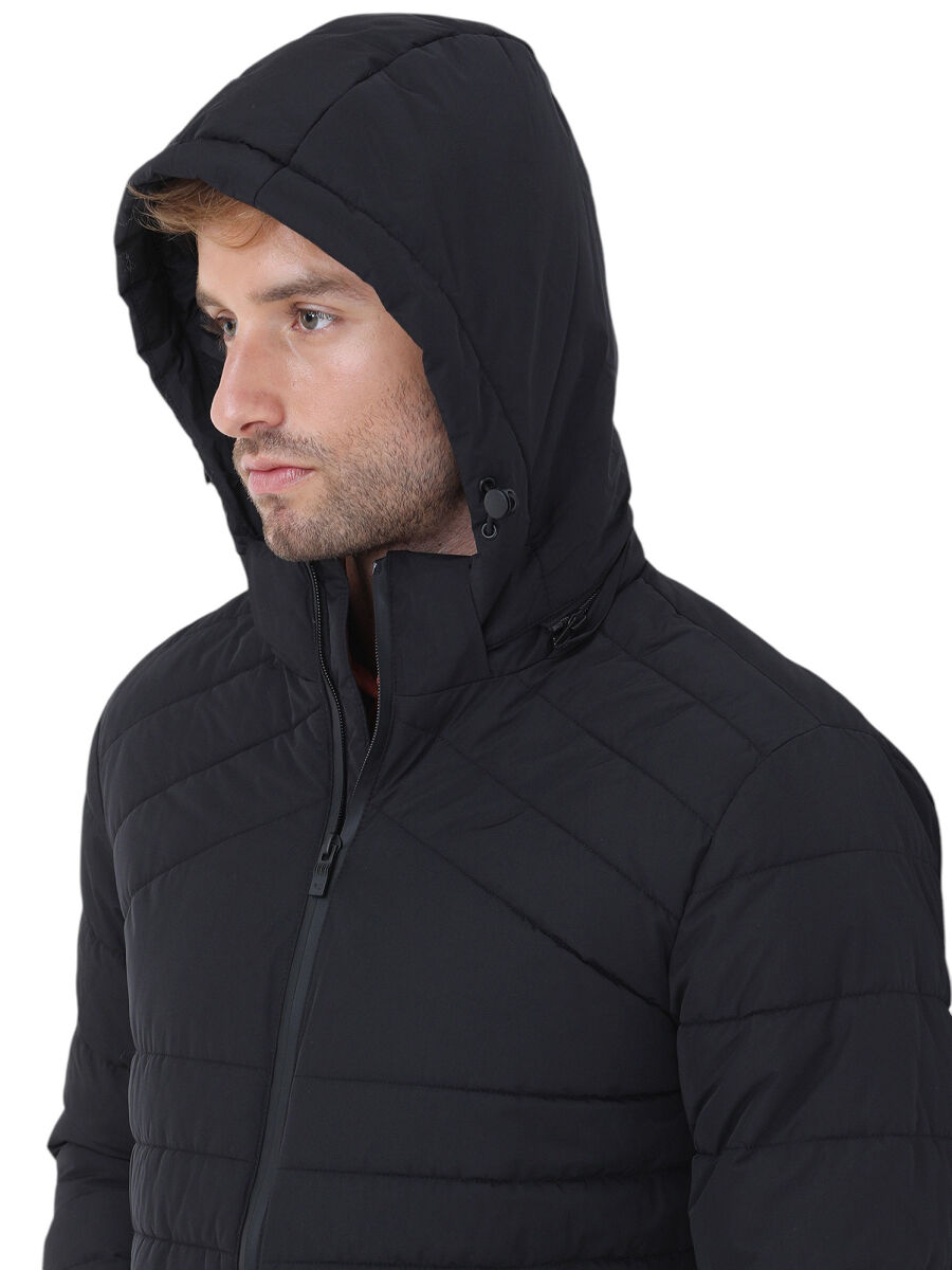 Siyah Regular Fit Kapüşonlu Casual Dokuma Mont - 4