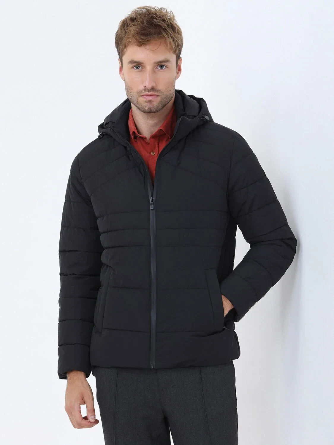 Siyah Regular Fit Kapüşonlu Casual Dokuma Mont - 1