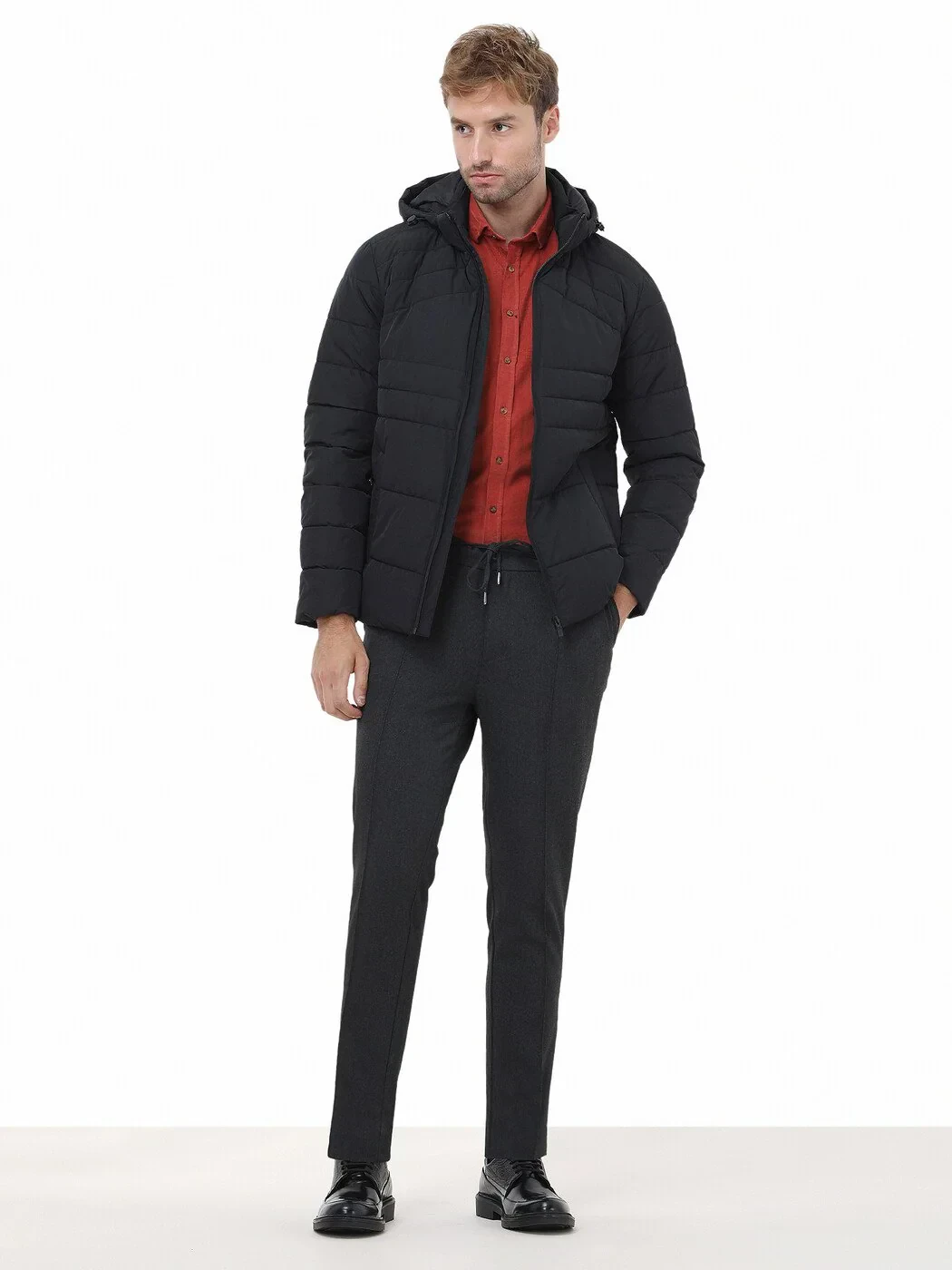 Siyah Regular Fit Kapüşonlu Casual Dokuma Mont - 2