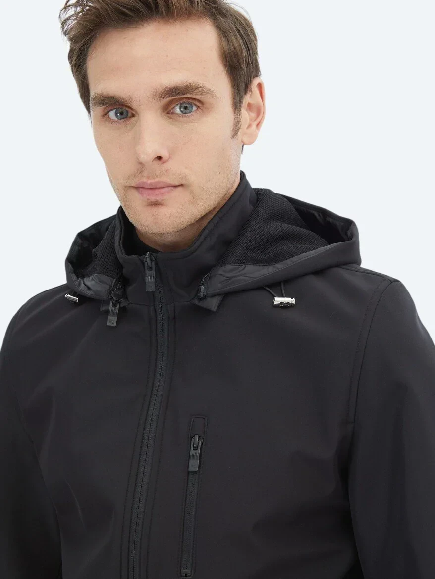 Siyah Regular Fit Kapüşonlu Casual Dokuma Mont - 4