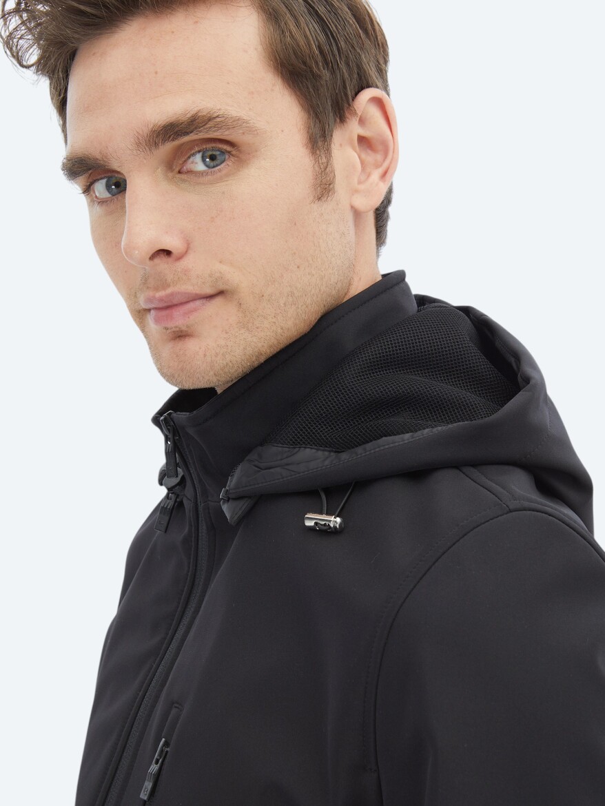 Siyah Regular Fit Kapüşonlu Casual Dokuma Mont - 5