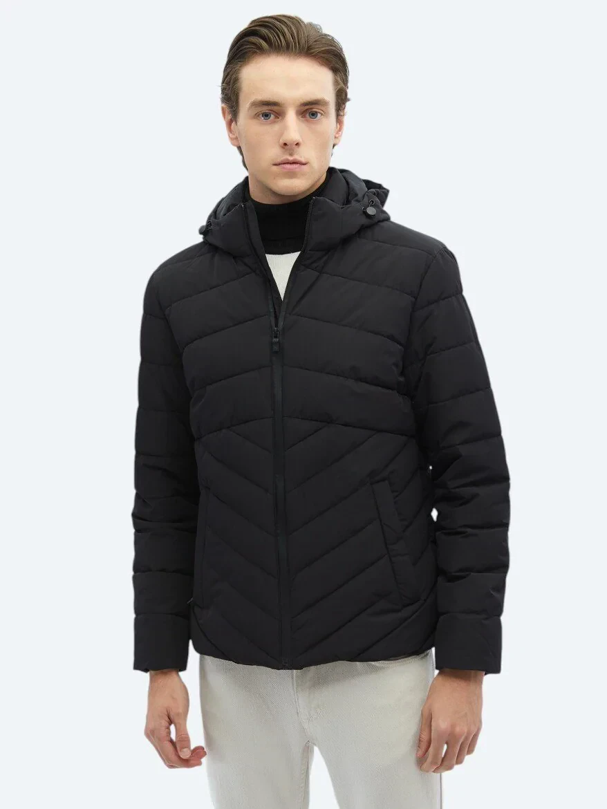 Siyah Regular Fit Kapüşonlu Casual Dokuma Mont - 1