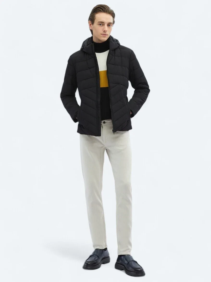 Siyah Regular Fit Kapüşonlu Casual Dokuma Mont - 2