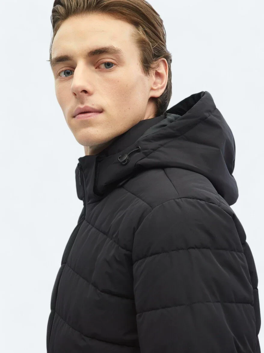 Siyah Regular Fit Kapüşonlu Casual Dokuma Mont - 5