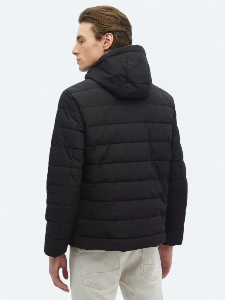 Siyah Regular Fit Kapüşonlu Casual Dokuma Mont - 6