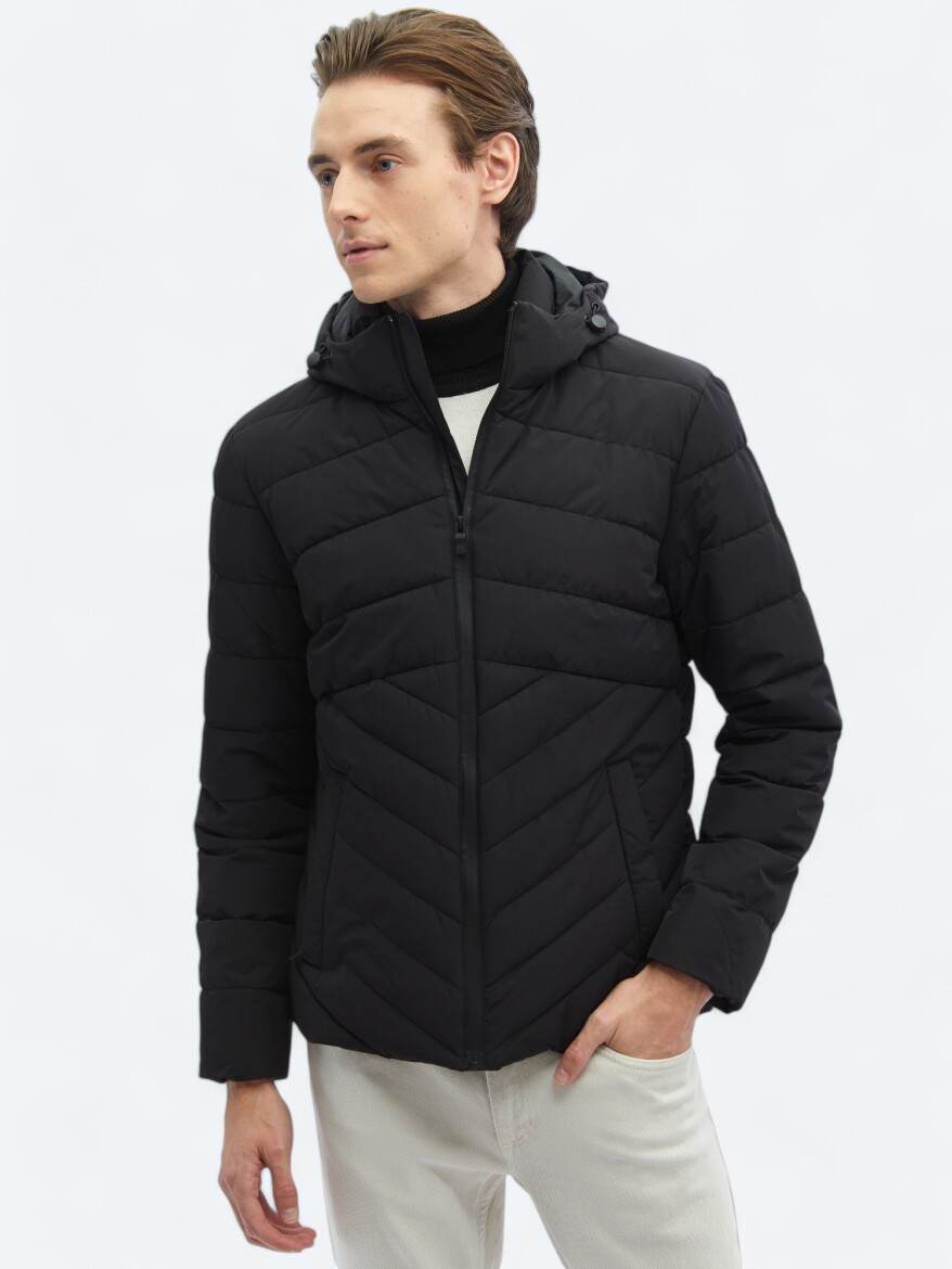 Siyah Regular Fit Kapüşonlu Casual Dokuma Mont - 3