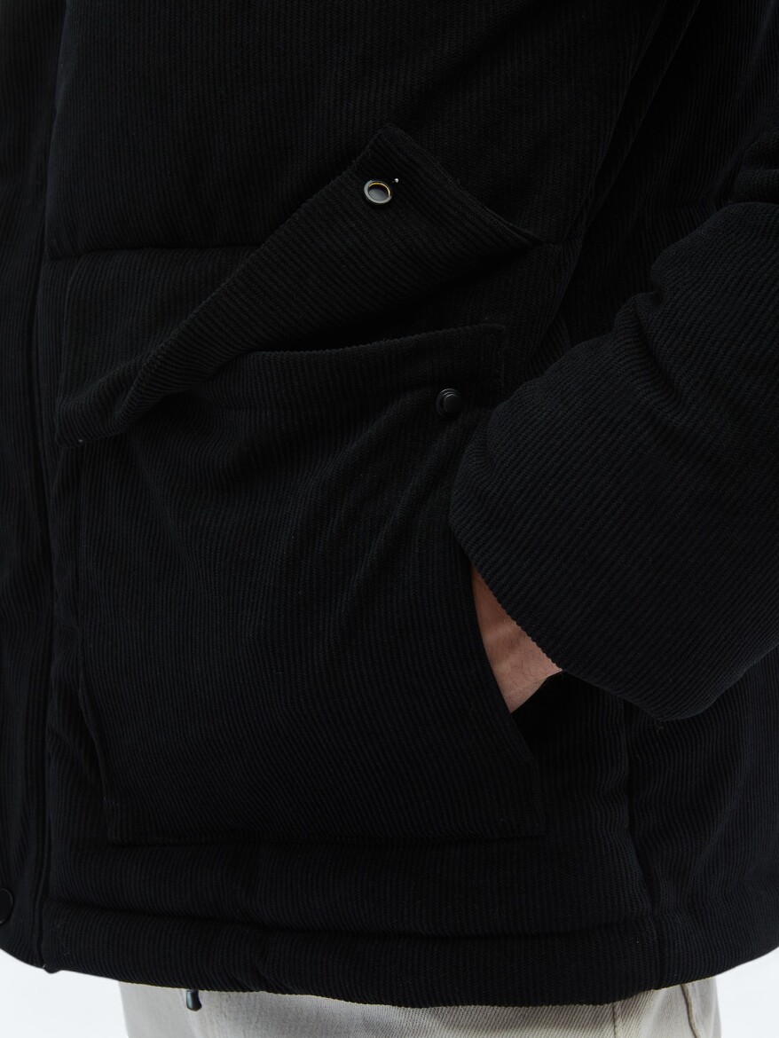 Siyah Regular Fit Kapüşonlu Casual Dokuma Mont - 9