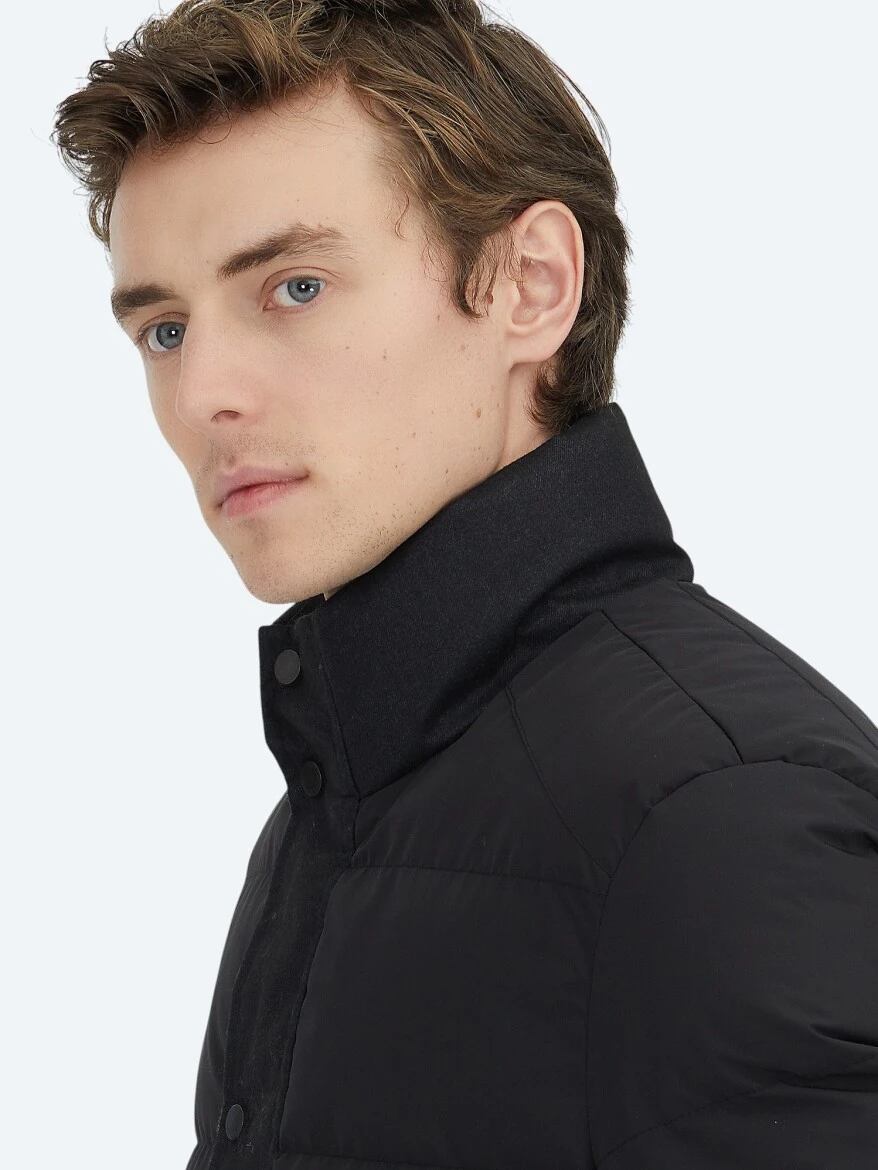 Siyah Regular Fit Kapüşonlu Casual Dokuma Mont - 5