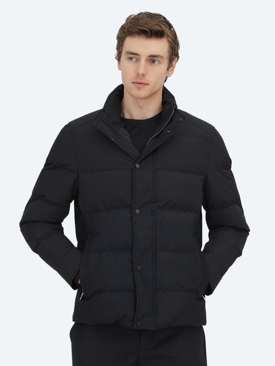 Siyah Regular Fit Kapüşonlu Casual Dokuma Mont - 1