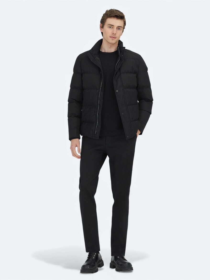 Siyah Regular Fit Kapüşonlu Casual Dokuma Mont - 2