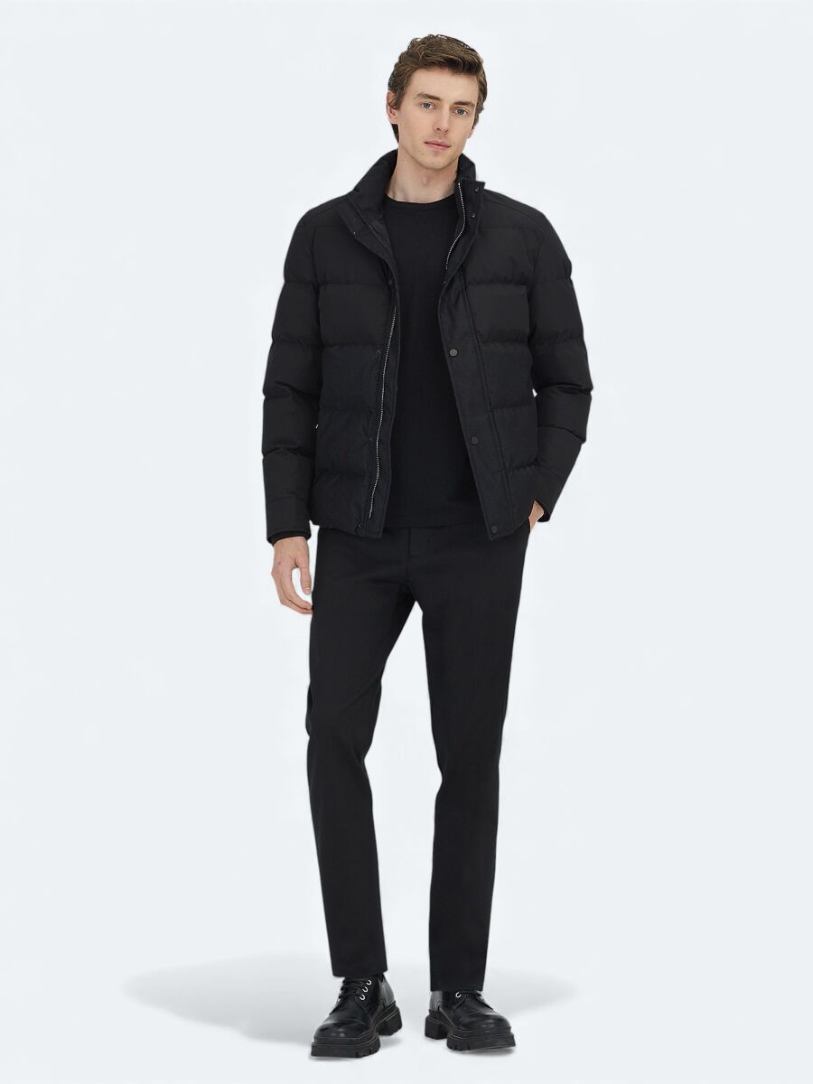 Siyah Regular Fit Kapüşonlu Casual Dokuma Mont - 2