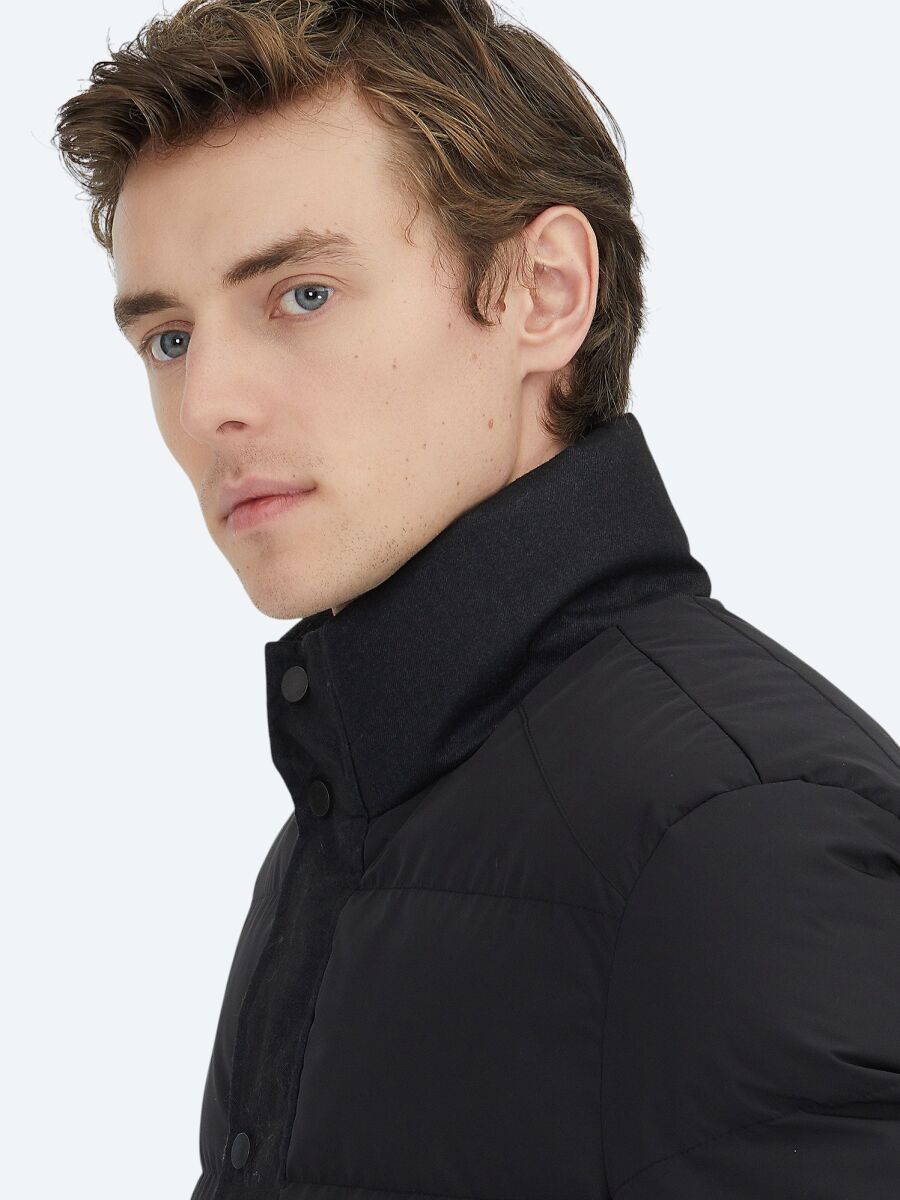 Siyah Regular Fit Kapüşonlu Casual Dokuma Mont - 5