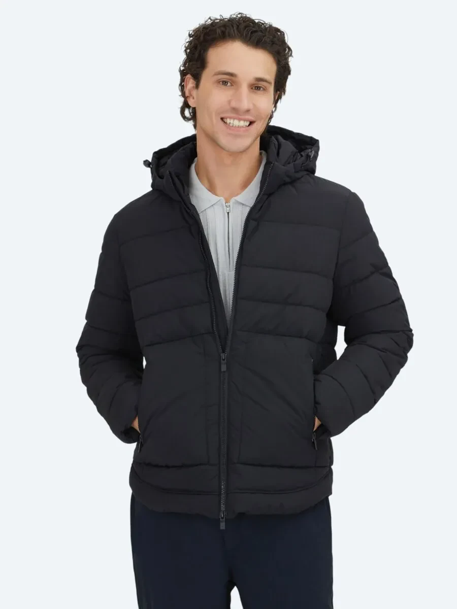 Siyah Regular Fit Kapüşonlu Casual Dokuma Mont - 1