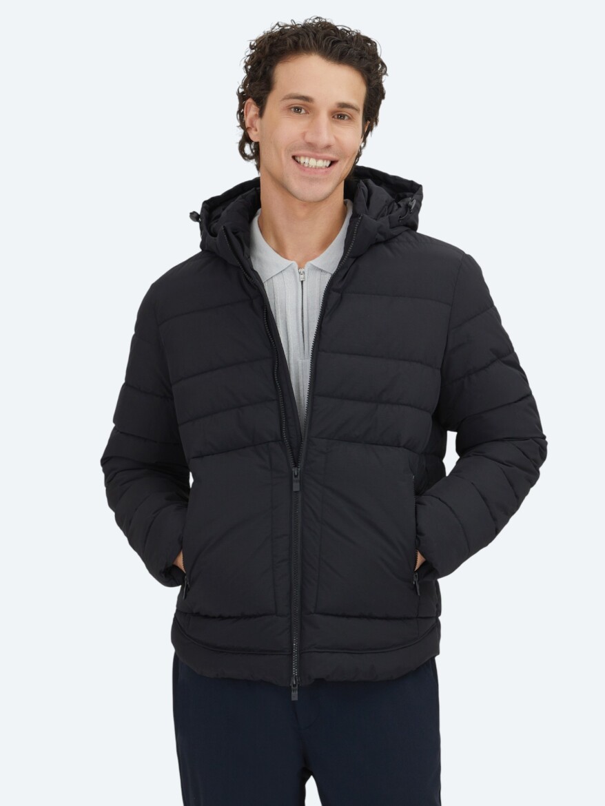 Siyah Regular Fit Kapüşonlu Casual Dokuma Mont - 1