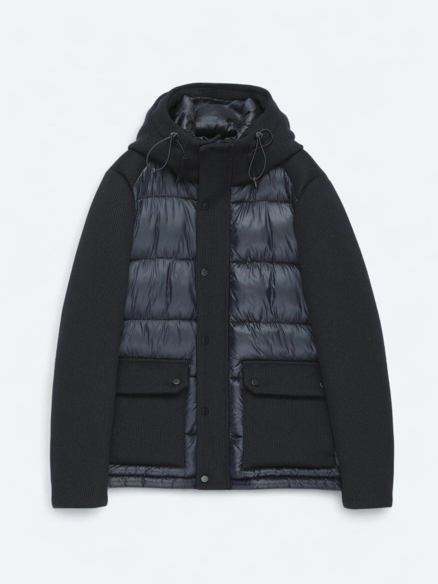 Siyah Regular Fit Kapüşonlu Casual Dokuma Mont 