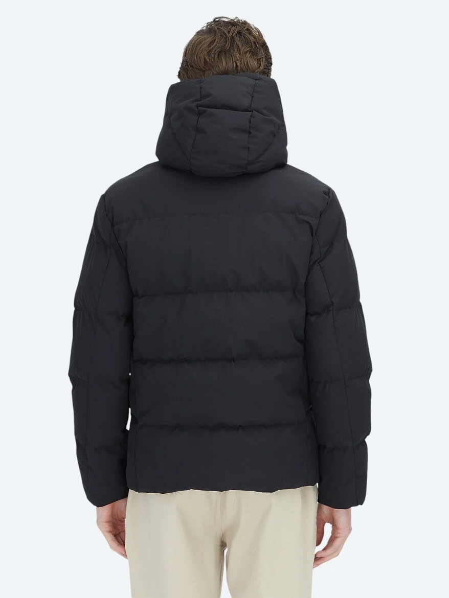 Siyah Regular Fit Kapüşonlu Casual Dokuma Mont - 5