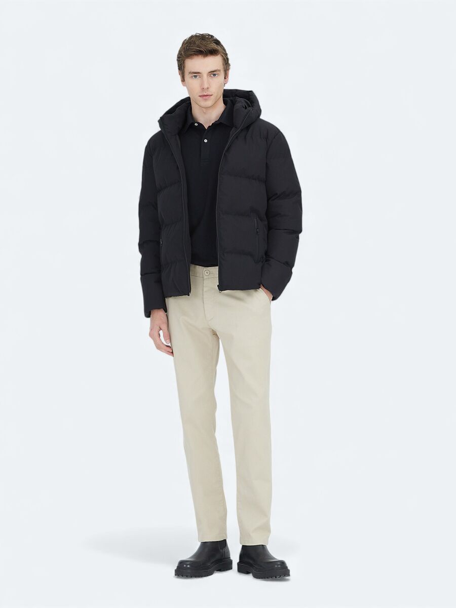 Siyah Regular Fit Kapüşonlu Casual Dokuma Mont - 2