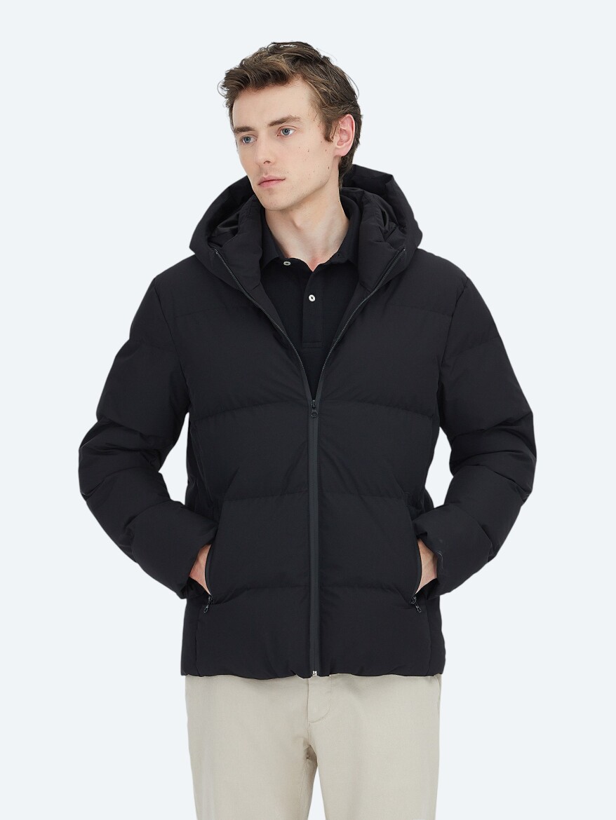 Siyah Regular Fit Kapüşonlu Casual Dokuma Mont - 4