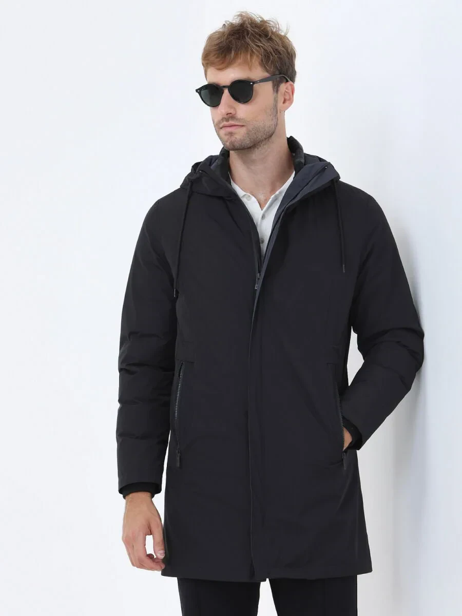 Siyah Regular Fit Kapüşonlu Casual Dokuma Pardesü - 2