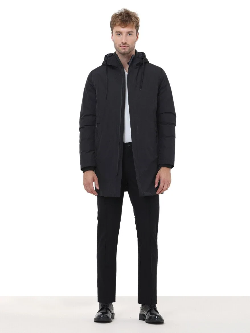 Siyah Regular Fit Kapüşonlu Casual Dokuma Pardesü - 4