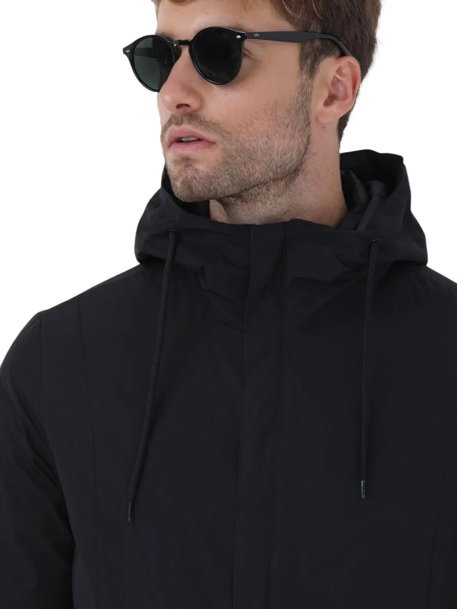 Siyah Regular Fit Kapüşonlu Casual Dokuma Pardesü - 6