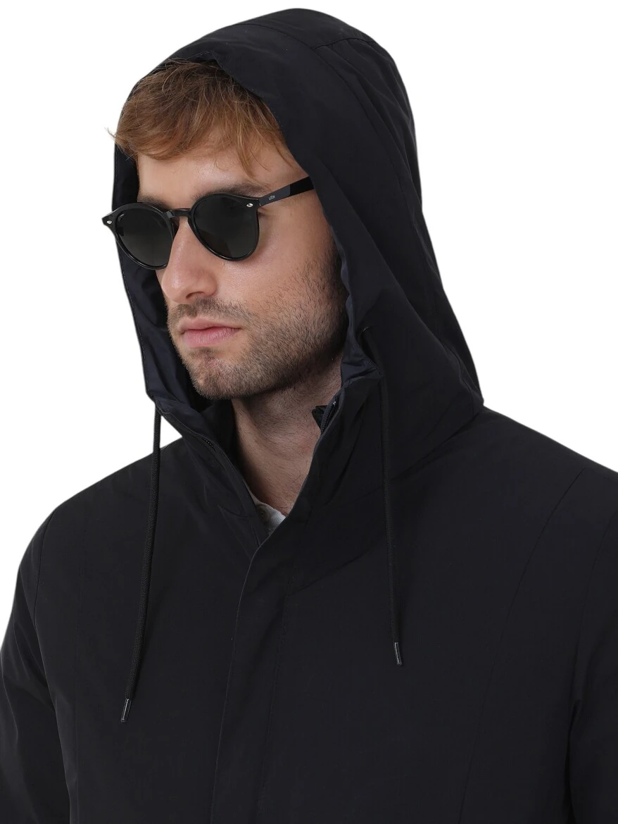 Siyah Regular Fit Kapüşonlu Casual Dokuma Pardesü - 7