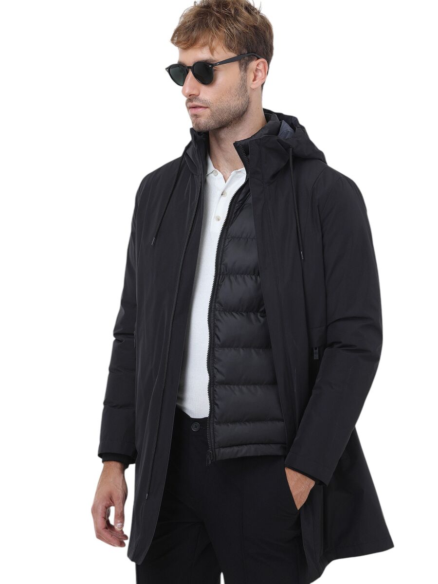 Siyah Regular Fit Kapüşonlu Casual Dokuma Pardösü - 1