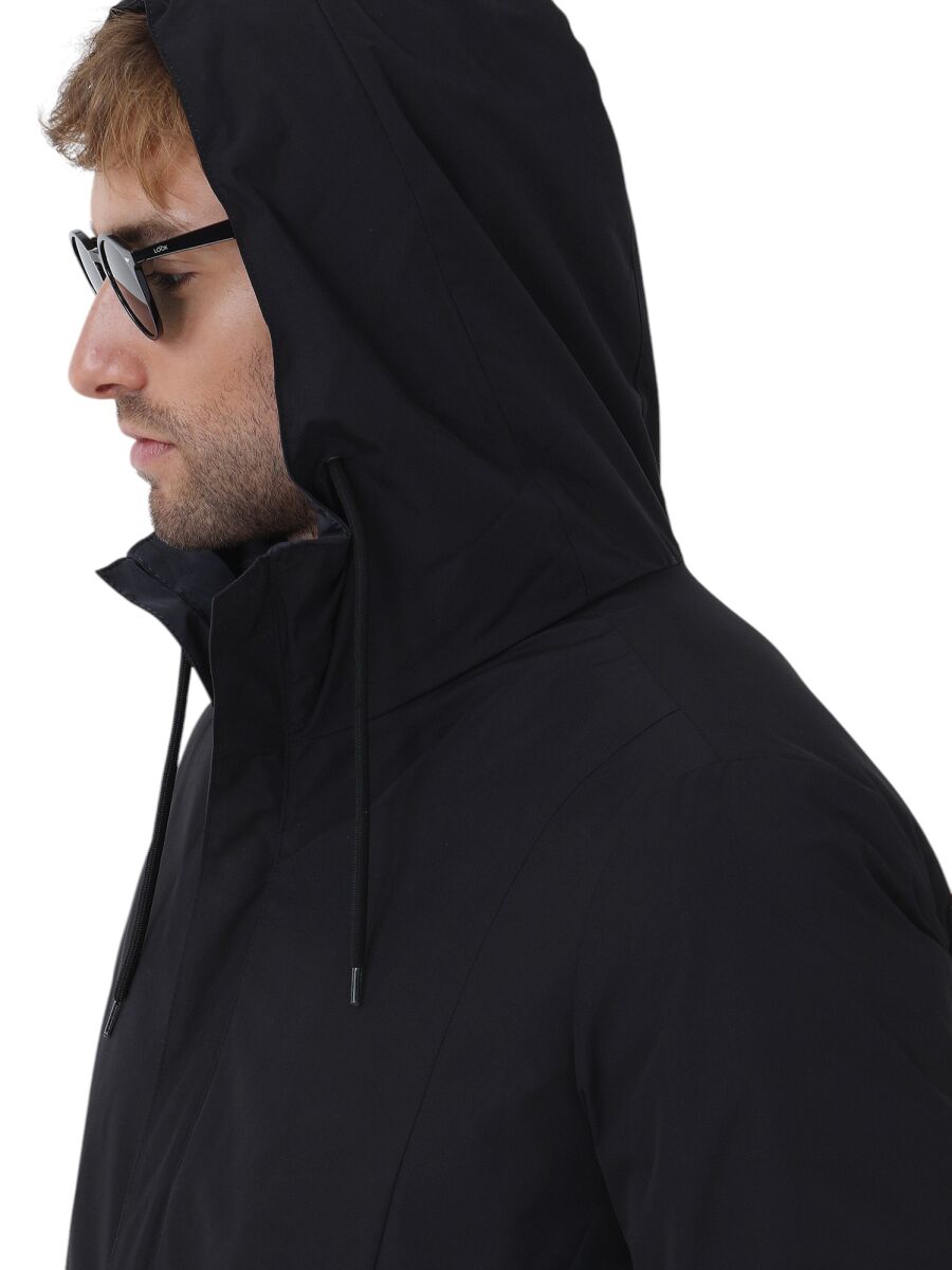 Siyah Regular Fit Kapüşonlu Casual Dokuma Pardösü - 8