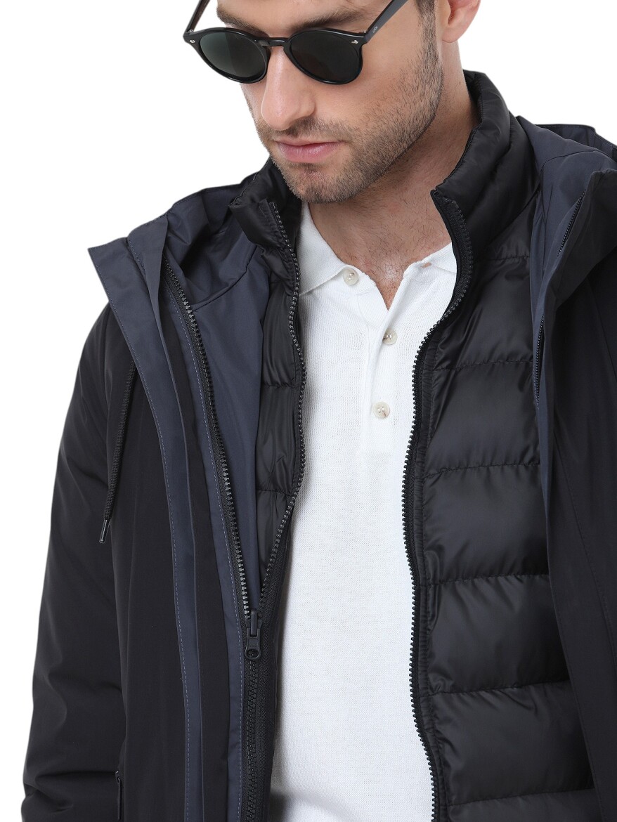 Siyah Regular Fit Kapüşonlu Casual Dokuma Pardösü - 10