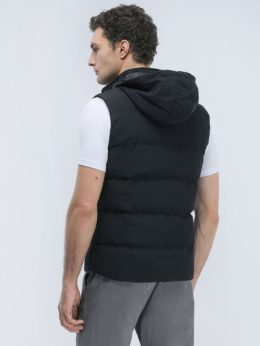 Siyah Regular Fit Kapüşonlu Casual Dokuma Spor Yelek - 4