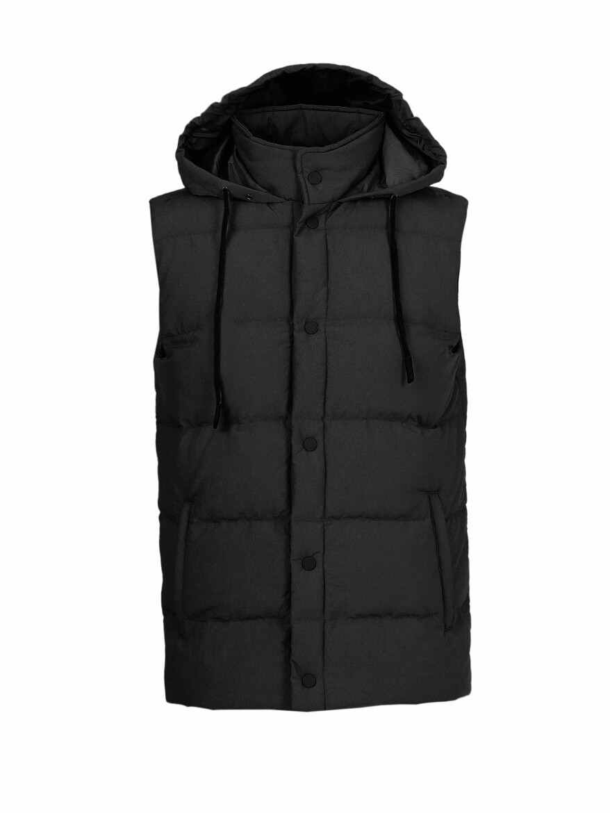 Siyah Regular Fit Kapüşonlu Casual Dokuma Spor Yelek - 5