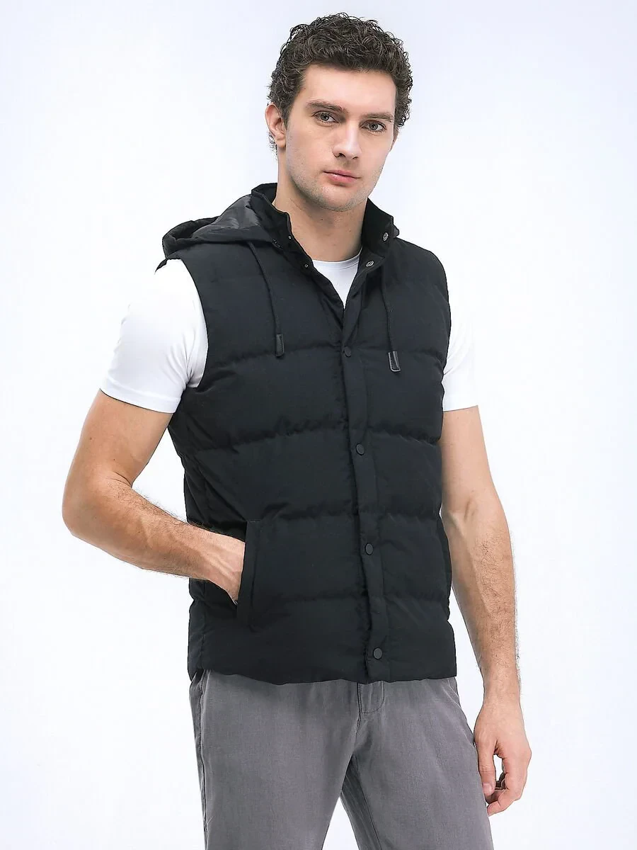 Siyah Regular Fit Kapüşonlu Casual Dokuma Spor Yelek - 1