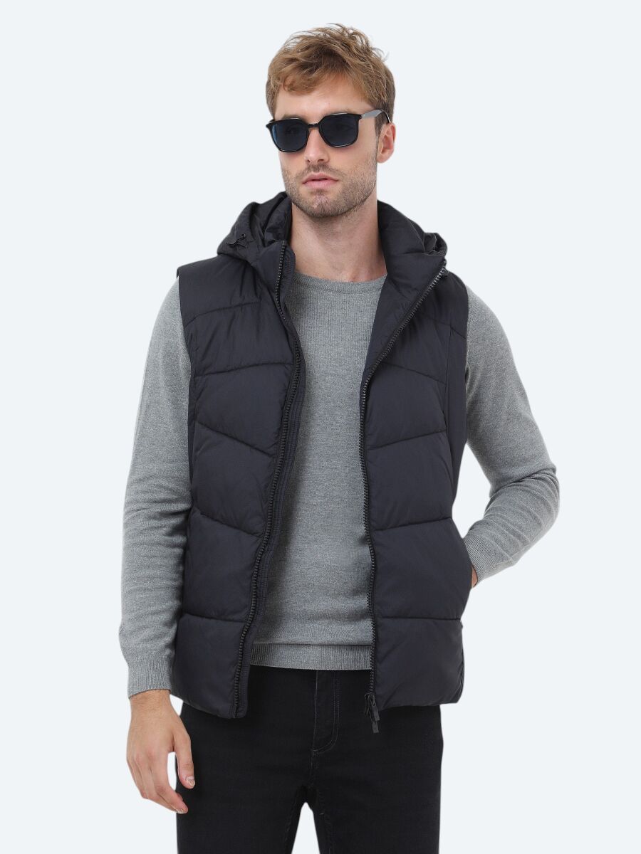 Siyah Regular Fit Kapüşonlu Casual Dokuma Spor Yelek - 2