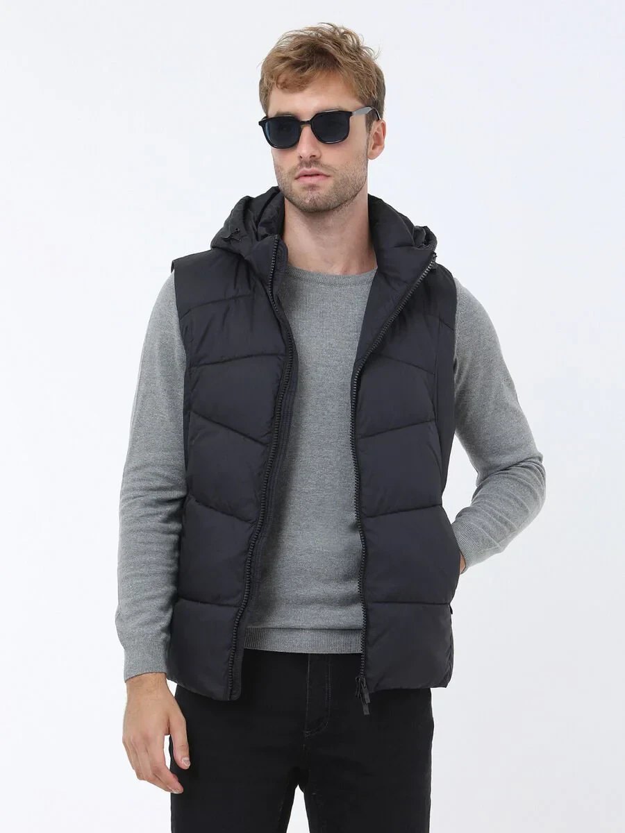 Siyah Regular Fit Kapüşonlu Casual Dokuma Spor Yelek - 1