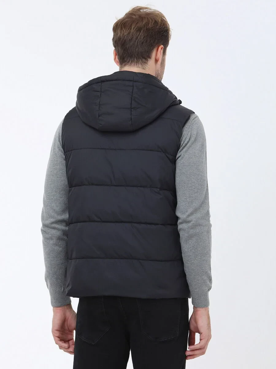 Siyah Regular Fit Kapüşonlu Casual Dokuma Spor Yelek - 5