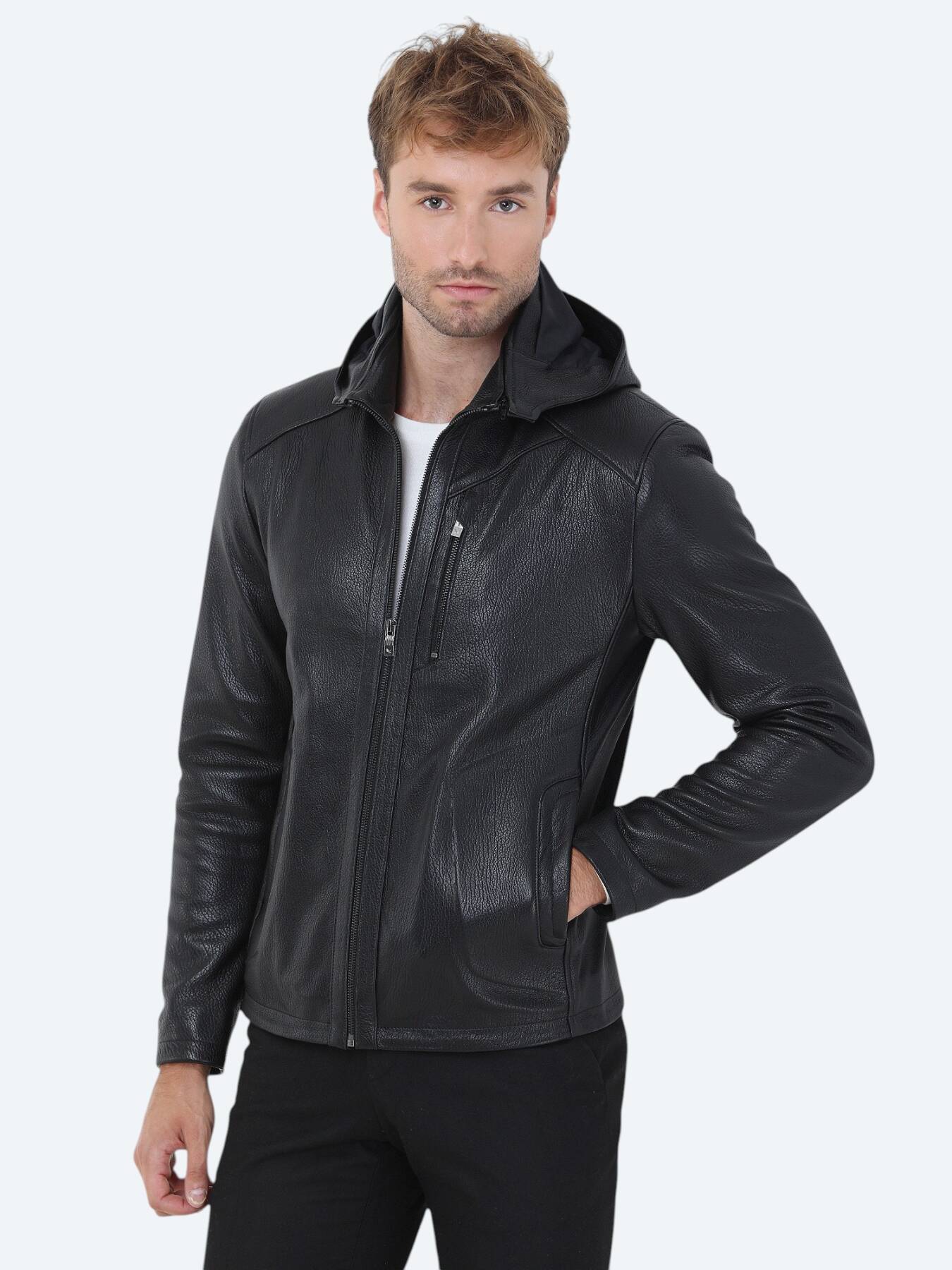 Siyah Regular Fit Kapüşonlu Smart Casual Koyun Derisi Deri Mont
