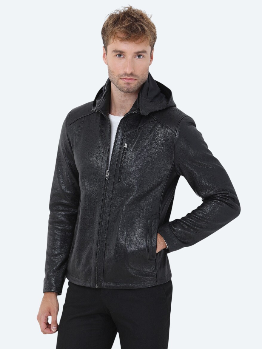 Siyah Regular Fit Kapüşonlu Smart Casual Koyun Derisi Deri Mont - 1