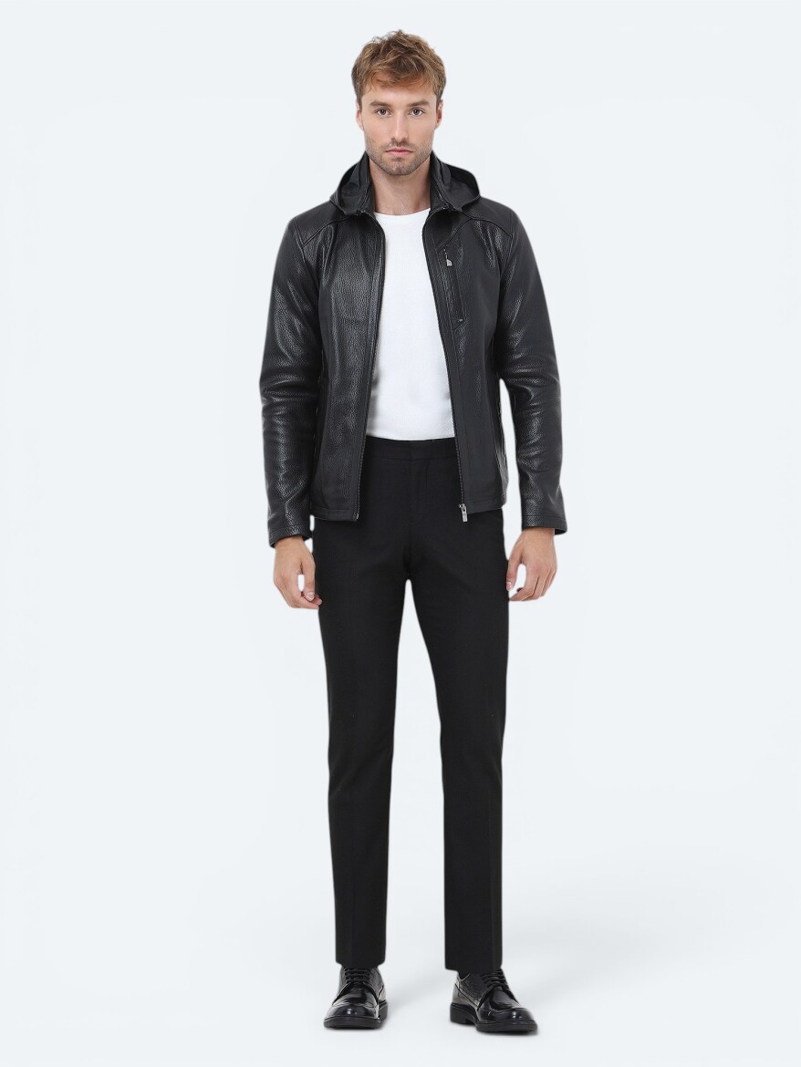 Siyah Regular Fit Kapüşonlu Smart Casual Koyun Derisi Deri Mont - 2